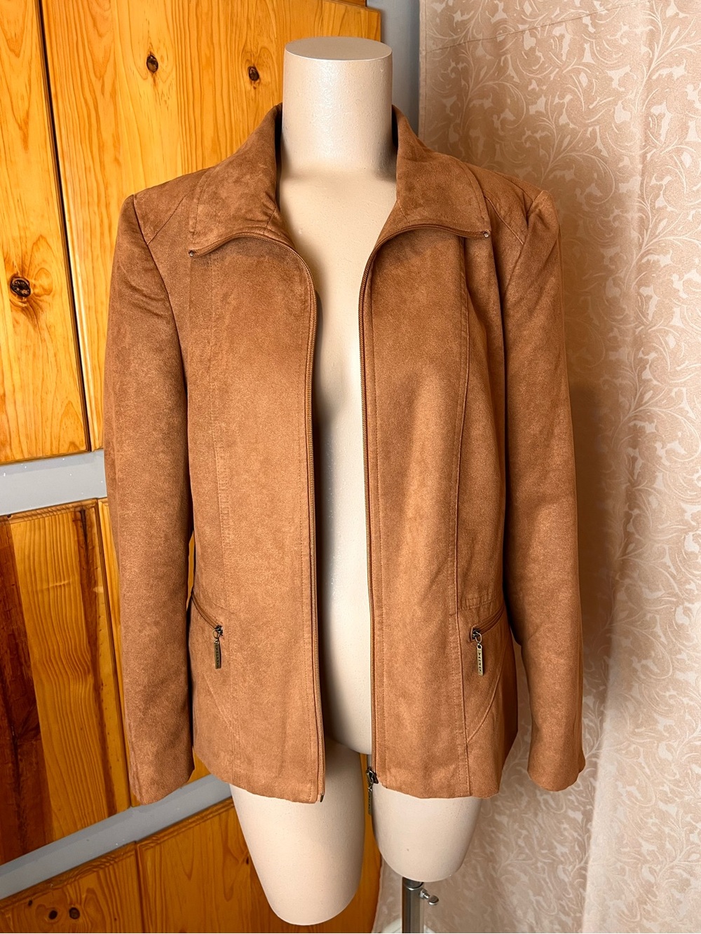 TANJAY Camel Brown Suede Minimalist Collared Jacket with Zipper - Sz Large
